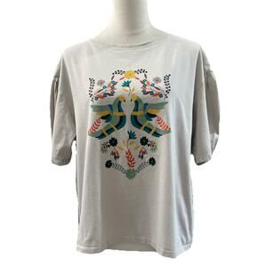 Anna Sui x Uniqlo Cotton T-Shirt Womens Large Tan Puff Sleeves Folk-Art Novelty